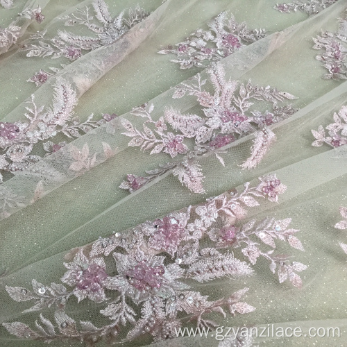 Pink Rhinestion Handwork Embroidery Fabric